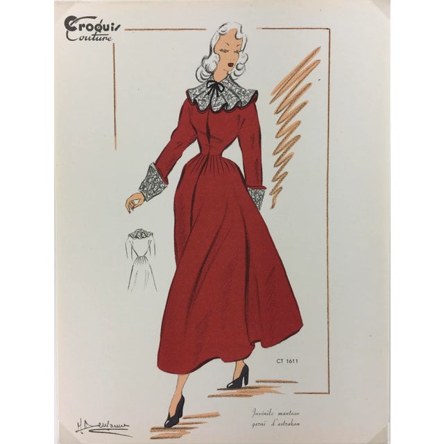 1940s French Fashion Sketch of Red Astrakhan Trim Coat For Sale - Image 4 of 4