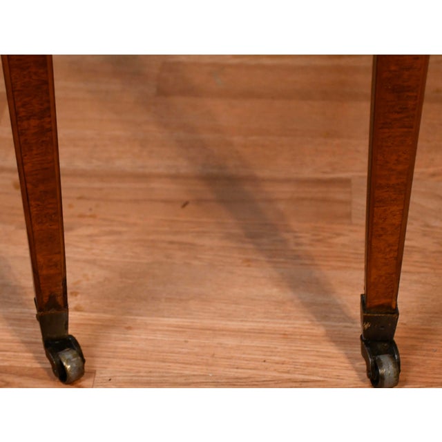 Brown 1930s English Hepplewhite Mahogany Satin Wood Inlay Leather Top Drop-Leaf Pembroke Side Tables For Sale - Image 8 of 18