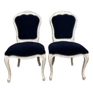 Pair of Louis XV Style Armchairs in Royal Blue Velvet With Nailhead Trim For Sale