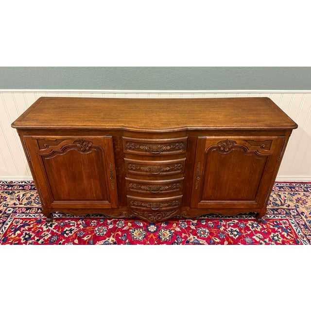 Antique French Louis XV Bow Front Buffet Sideboard Server Carved Oak C. 1930s For Sale - Image 13 of 18