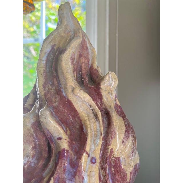 Ceramic Pair of Late 20th Century French Glazed Ceramic Flaming Urns on Stand For Sale - Image 7 of 12