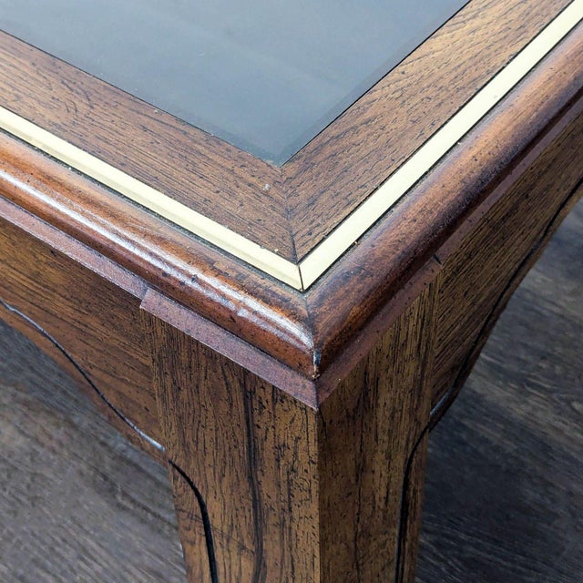 Brown Vintage Wood and Glass Coffee Table With Brass Inlay For Sale - Image 8 of 8