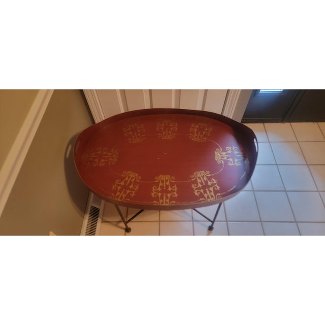 Mid-Century Modern Mid 20th Century Vintage Dutch Hand Painted Metal Tray Top Accent Table on Stand For Sale - Image 3 of 18