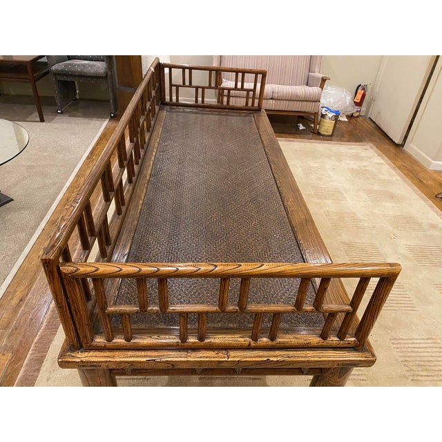 Brown Vintage Chinese Daybed, Elmwood Latice Rails in Ming Style C. 1940 For Sale - Image 8 of 11