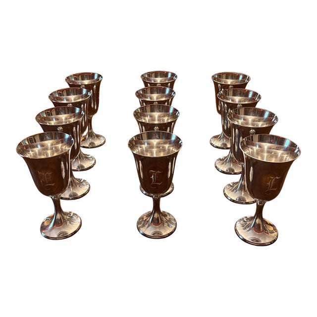 Mid 20th Gorham Century Sterling Silver Goblets L Monogram - Set of 12 For Sale