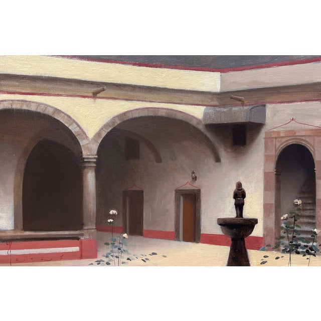 Colonial Courtyard in Querétaro by Diego Glazer | Oil on Panel Interior courtyard with arches and fountain For Sale