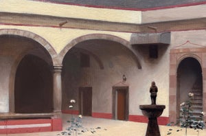 Colonial Courtyard in Querétaro by Diego Glazer | Oil on Panel Interior courtyard with arches and fountain