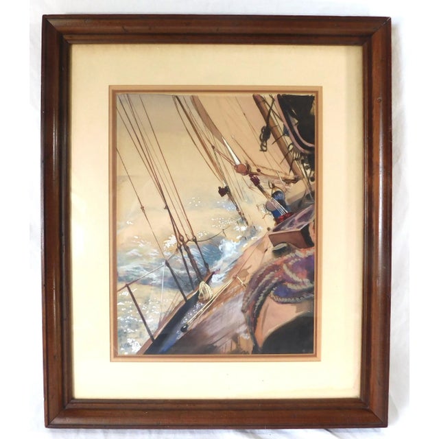 Vintage Original Signed Nautical Seascape Sailboat Watercolor Framed Hanging Wall Art Picture For Sale - Image 14 of 14