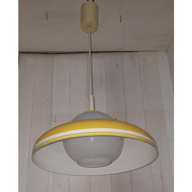 Metal Vintage Hanging Lamp with White Glass Shade and Yellow-White Metal Shade by Doria, 1970s For Sale - Image 7 of 11