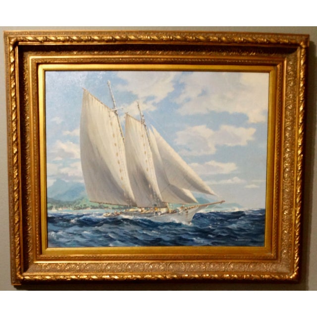 Yacht Oil Painting Sailing Off Bora Bora Louis Macouillard 1913-1987 Gilt Frame For Sale - Image 4 of 15