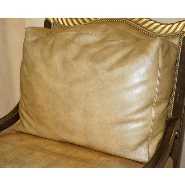 Set of Large Vintage Italian Brown Leather & Giltwood Throne Armchair & Footstool For Sale - Image 6 of 18