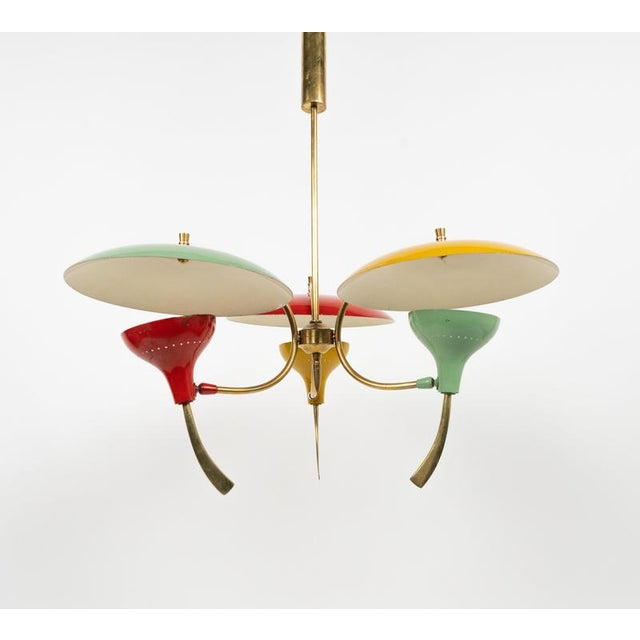 Mid-Century Chandelier in Enamel Metal and Brass in the style of Stilnovo, Italy, 1950s For Sale - Image 11 of 17