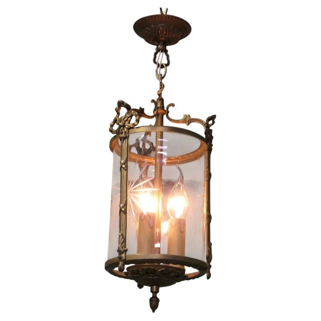 Pink Art Deco Brass and Star Etched Glass Pendant Lantern, 1920 For Sale - Image 8 of 8