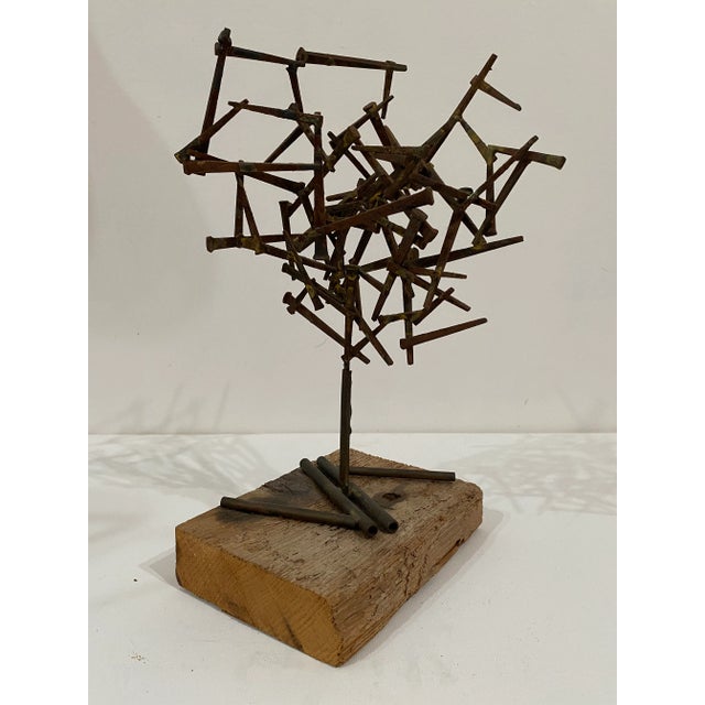 Vintage brutalist nail sculpture on wood base. Signed and label on bottom Jim Pearl titled sculpture #3 1970 Great mid...