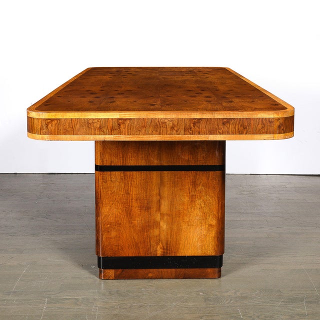 Art Deco Streamlined Book-Matched & Burled Walnut W/ Black Lacquer Dining Table For Sale - Image 12 of 18