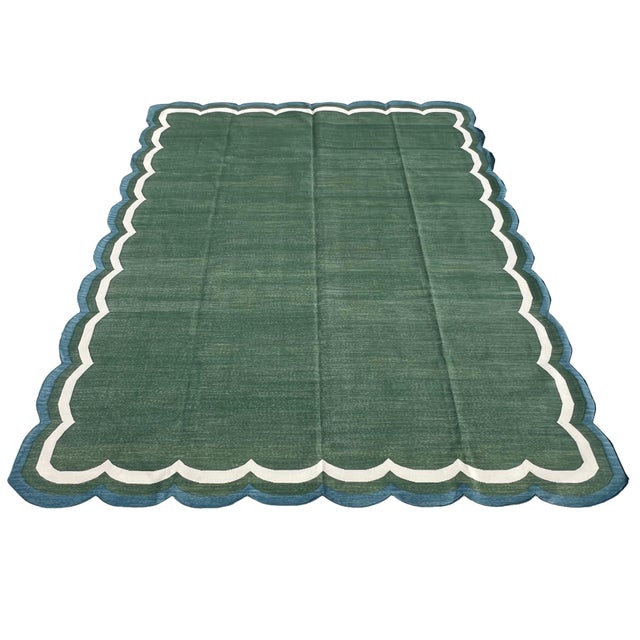 Forest Green Handmade Cotton Flat Weave Area Rug, Forest Green, Cream and Teal Blue Scalloped Dhurrie - 8'x10' For Sale - Image 8 of 14