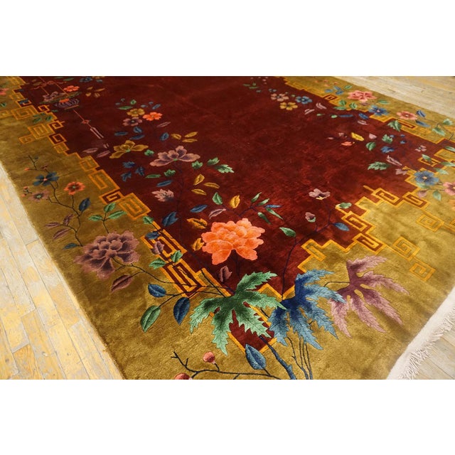 Stunning Colorful Floral Pattern in a Red-Raspebery Ground Color Chinese Art Deco Rug For Sale In New York - Image 6 of 11