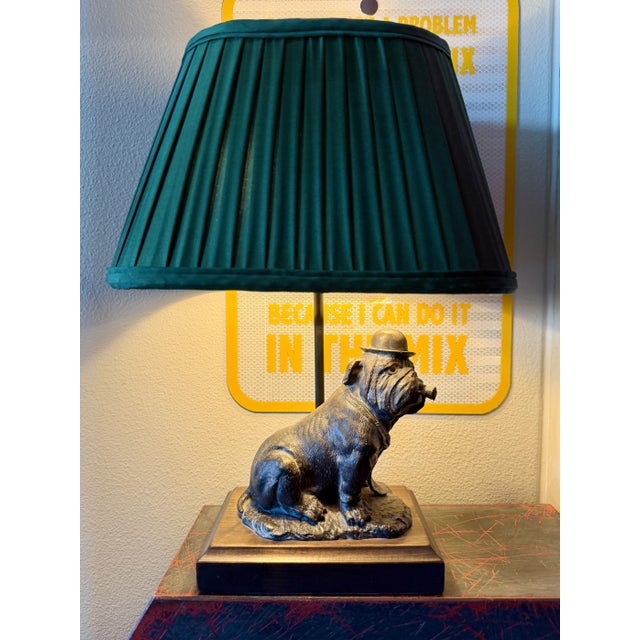 Vintage Mario Buatta Frederick Cooper Bronze Bulldog Lamp Original Green Shade For Sale - Image 12 of 16