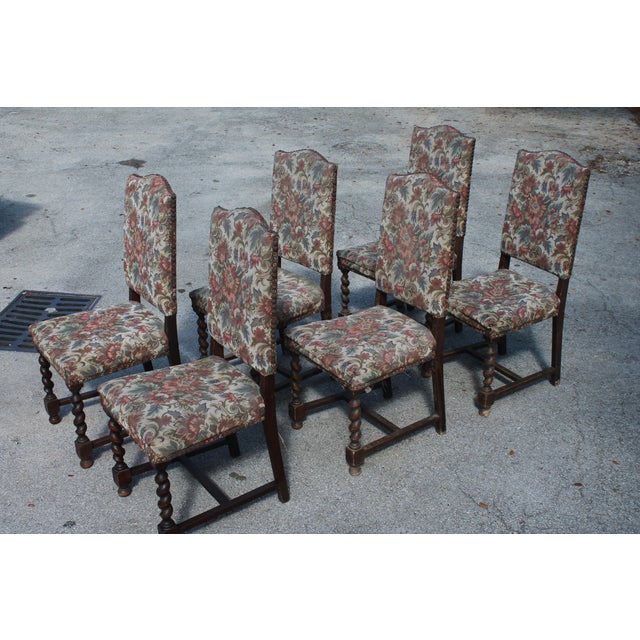 Brown 19thc French Louis XIV Carved Oak Tapestry Textile Dining Chairs Set of 6 For Sale - Image 8 of 10