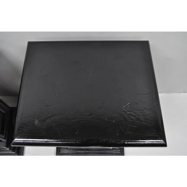 Wood Vintage French Empire Style Black Lacquer Painted Pedestal Column End Table Pair For Sale - Image 7 of 18
