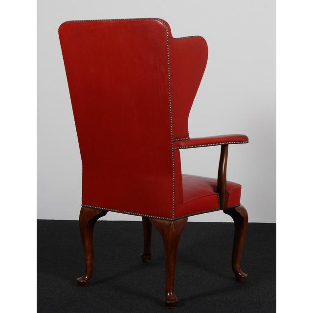 Wood Wingback Chair in Patinated Red Leather by Frits Henningsen, 1940s For Sale - Image 7 of 8