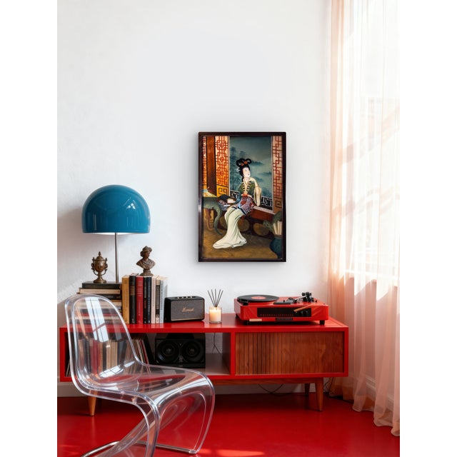 Reverse glass painting. Scholar woman. In great condition. Rich painting vibrant colors, on glass. Framed. 27.5” t x 19...