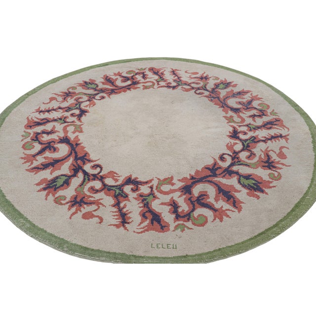 1940s Signed Vintage Leleu French Art Deco Circle Rug in White and Blue - Rug & Kilim For Sale - Image 5 of 7
