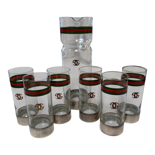 Vintage Gucci Barware Set Pitcher Carafe & High Ball Glasses For Sale