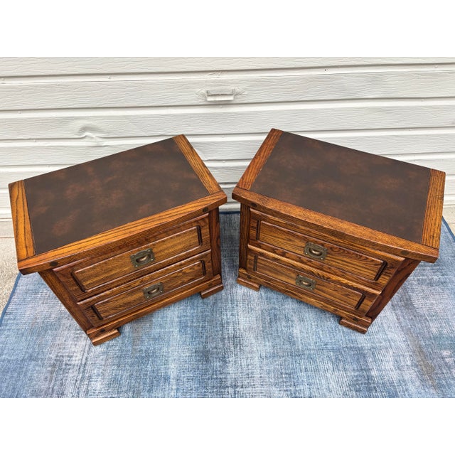 Brown Oak Campaign Style Nightstands / Accent Tables For Sale - Image 8 of 8