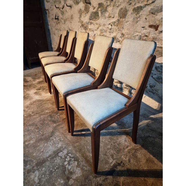 Beige Mid-Century French Walnut Dining Chairs in Light Taupe Upholstery, 1950s, Set of 5 For Sale - Image 8 of 18