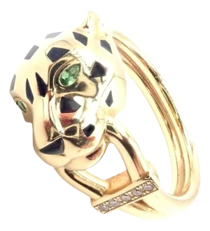 Cartier Panther Panthere Diamond Lacquer Tsavorite Yellow Gold Band Ring