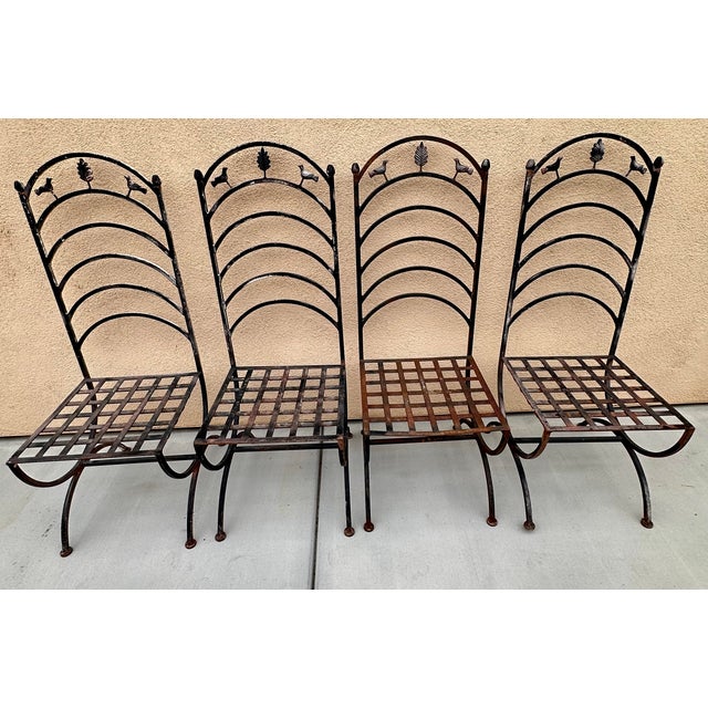 Antique French Provincial Wrought Iron Garden Chairs Two Birds & Leaf Motif 4pc Set For Sale - Image 4 of 7