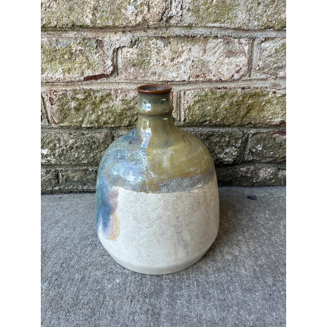 Vintage ceramic pottery, France. This ceramic is made up of a beautiful array of greens and blues on a neutral tan base....