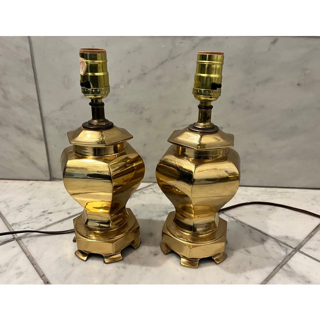 Metal Mid 20th Century Pair of Petite Brass Urn Lamps For Sale - Image 7 of 9