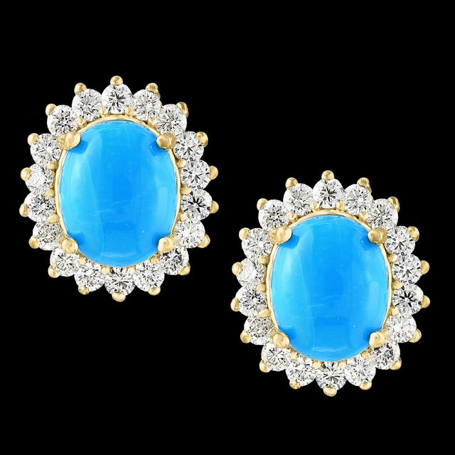 8 Ct Oval Sleeping Beauty Turquoise 1.5ct Diamond Stud Earrings 14 K Yellow Gold For Sale - Image 17 of 18