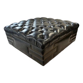 Vintage Large Leather Tufted Ottoman With Nail-Head Detail Coffee Table For Sale