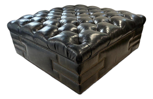 Vintage Large Leather Tufted Ottoman With Nail-Head Detail Coffee Table