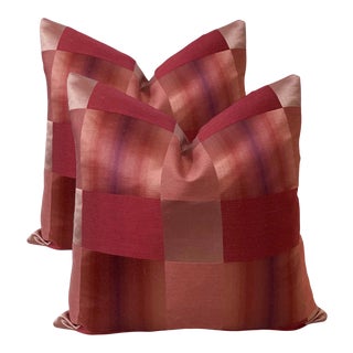 Burgundy Designer Silk Buffalo Plaid Pillows- a Pair For Sale