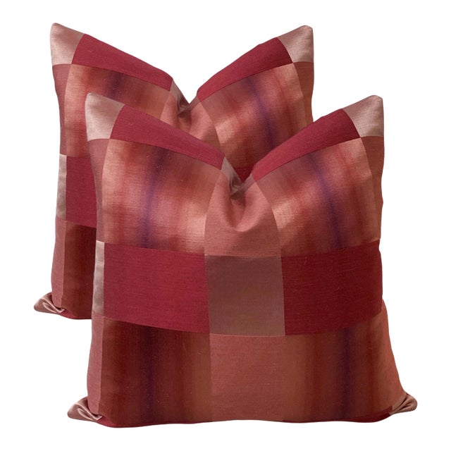 Burgundy Designer Silk Buffalo Plaid Pillows- a Pair For Sale