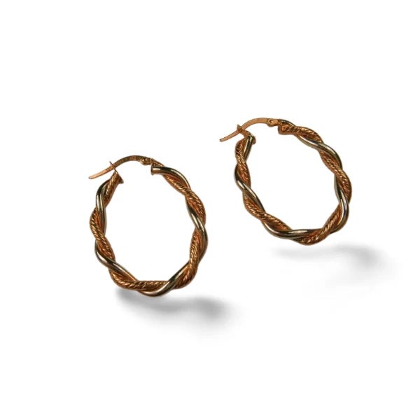 Elegant 14K two-tone braided hoop earrings featuring a luxurious combination of white gold and pink rose gold . The...