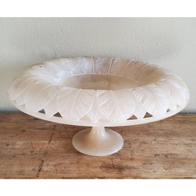 1980s Large Vintage Alabaster Carved Round Pedestal Bowl Italian by Ali For Sale - Image 5 of 12