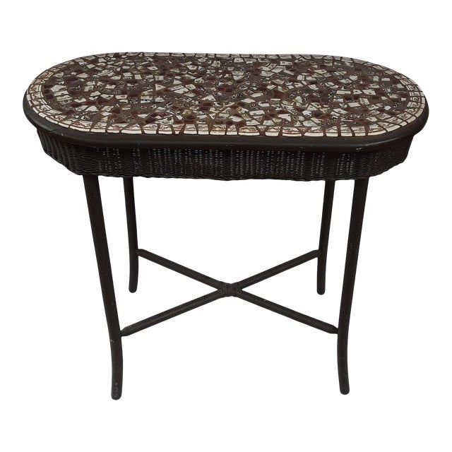 One of a Kind ~ 1940s Boho Chic Mosiac WIcker Table For Sale