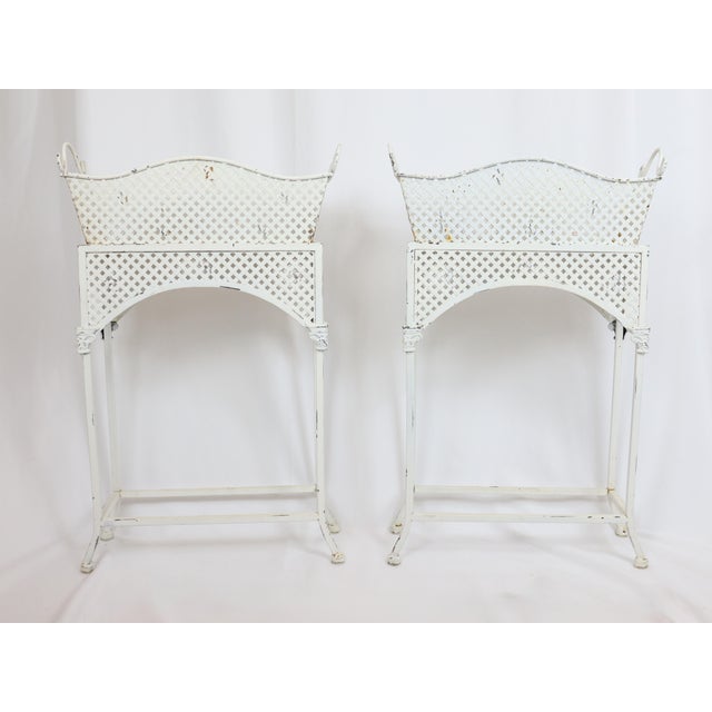 Vintage Art Deco inspired pair of metal planters. 2-piece planter on stand. Top planter basket can be lifted / removed...