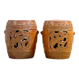Vintage Boho Glazed Ceramic Low Stools - a Pair For Sale