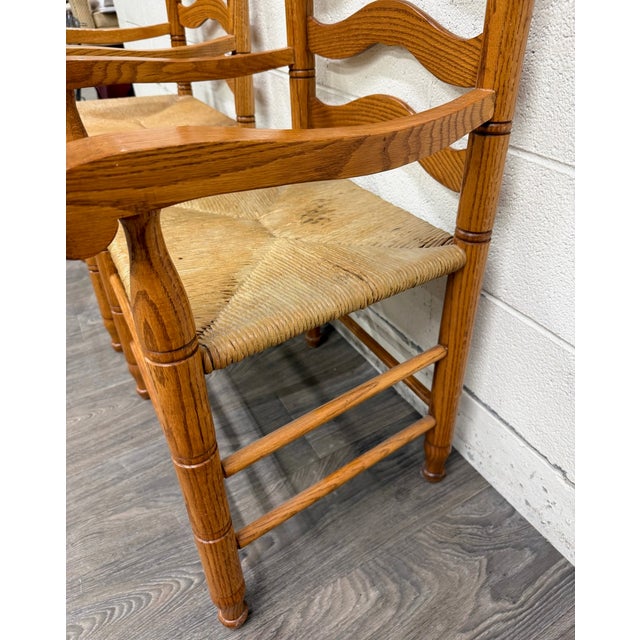 Vintage Country French Style Solid Oak Ladder Back Handwoven Rush Seat Armchairs For Sale - Image 4 of 10
