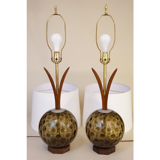 1960s Matched Pair XL Tiki Modern Pineapple Sculpture Glass Globe Walnut Table Lamps Witco For Sale - Image 10 of 10