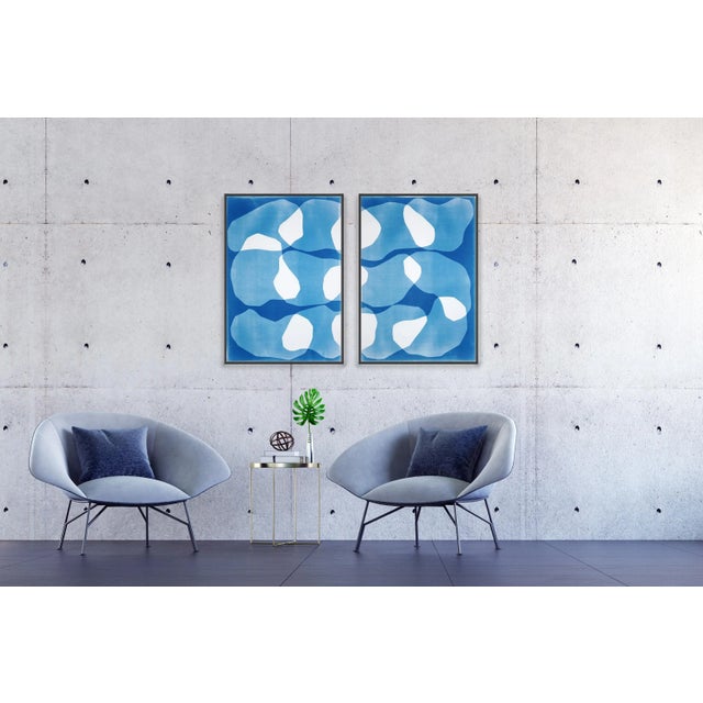 2020s 2025, Zig Zag Ovals Diptych, Unique Monotype Cyanotype, Biomorphic Art, Watercolor Paper by Kind of Cyan-Set of 2 For Sale - Image 5 of 9