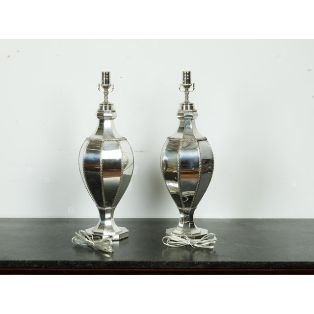 1940s Silver Plated Table Lamps with Bious-et-Augax Armorial Crest - a Pair For Sale In Atlanta - Image 6 of 7