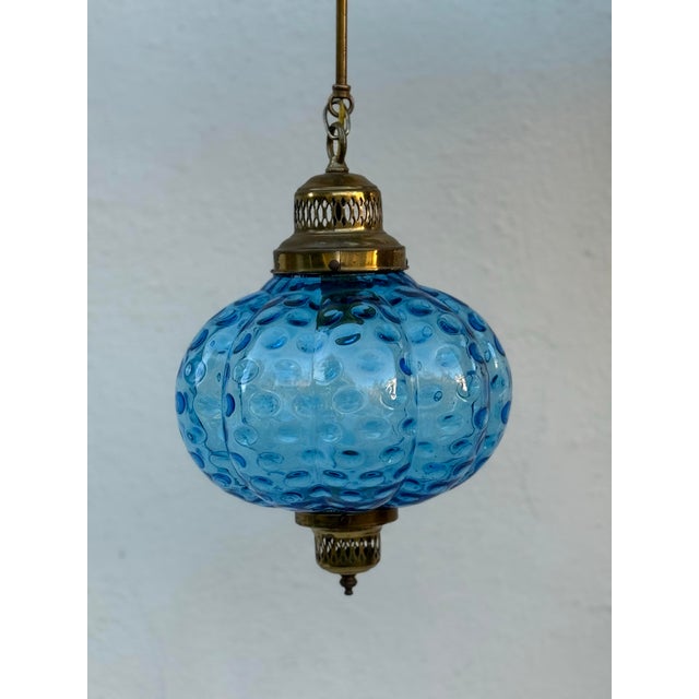 Italian 1960s Vintage Optic Coin Dot Blue Glass Lantern With Brass Canopy For Sale - Image 3 of 11