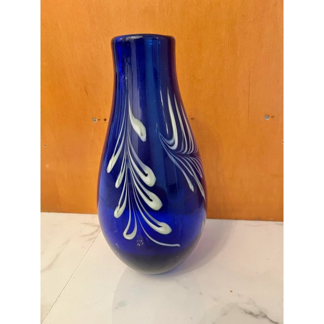Mid 20th Century Cobalt Blue Glass Vase With White Swirls Chairish